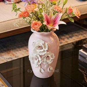 HD286-2-Ceramic Porcelain Baby Pink Color Vase with Scalloped Wavy Rim and 3D Floral Accents (2)