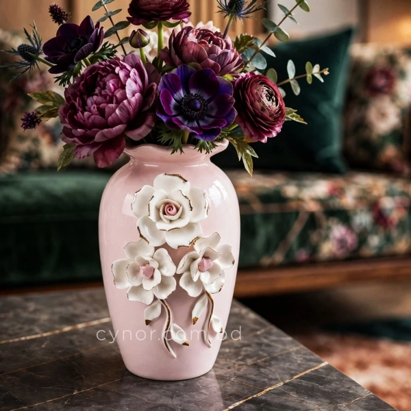 HD286-2-Ceramic Porcelain Baby Pink Color Vase with Scalloped Wavy Rim and 3D Floral Accents (3)