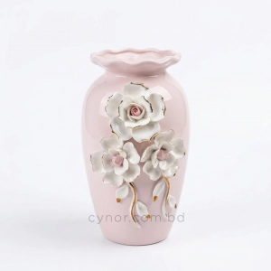 HD286-2-Ceramic Porcelain Baby Pink Color Vase with Scalloped Wavy Rim and 3D Floral Accents (4)
