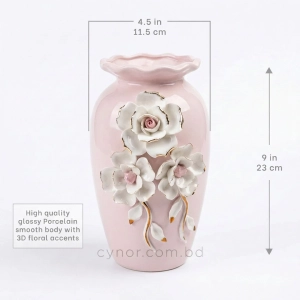 HD286-2-Ceramic Porcelain Baby Pink Color Vase with Scalloped Wavy Rim and 3D Floral Accents (5)