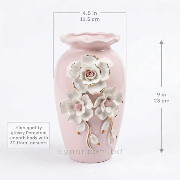 HD286-2-Ceramic Porcelain Baby Pink Color Vase with Scalloped Wavy Rim and 3D Floral Accents (5)