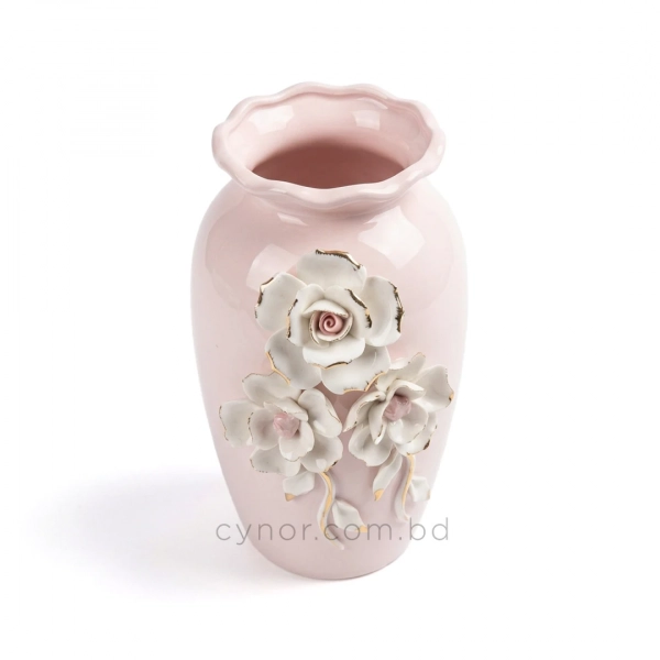 HD286-2-Ceramic Porcelain Baby Pink Color Vase with Scalloped Wavy Rim and 3D Floral Accents (6)