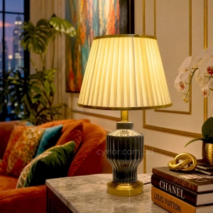 TL299-Black-2-Glossy Fluted Ceramic Table Lamp with Pleated Ivory Fabric Shade and Golden Accents (7)