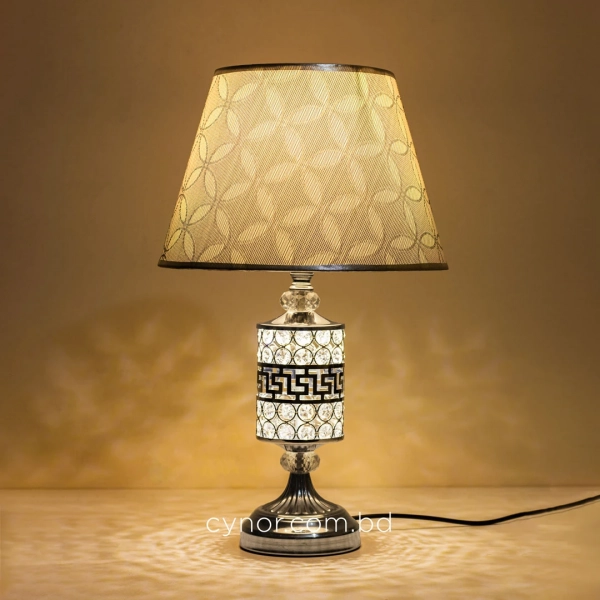 TL305-Silver-2-Crystal Embellished Chrome Metal Table Lamp with Laminated Geometric Woven Fabric Shade (3)