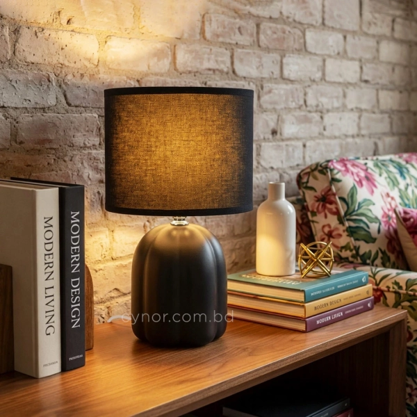 TL396-2-Compact Black Fluted Sculptural Ceramic Table Lamp with Hardback Shade (2)