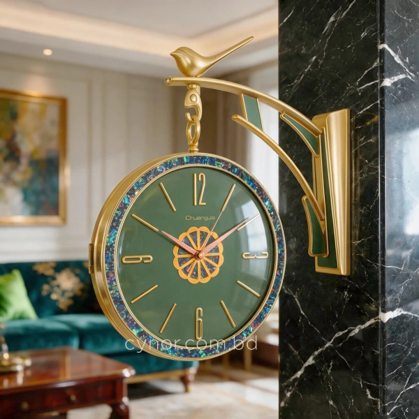 WC632-Green-Double Sided Station Wall Clock Golden Fiber Body with Emerald Green Dial and Iridescent Border (1)
