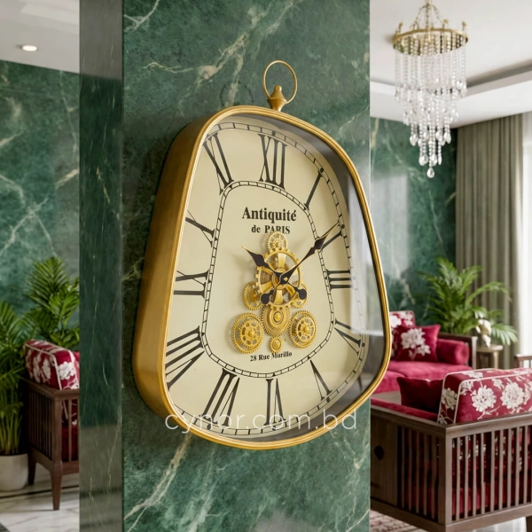 WC783-Grand French Vintage Asymmetrical Rotating Gear Wall Clock with Golden Metal Frame (1)
