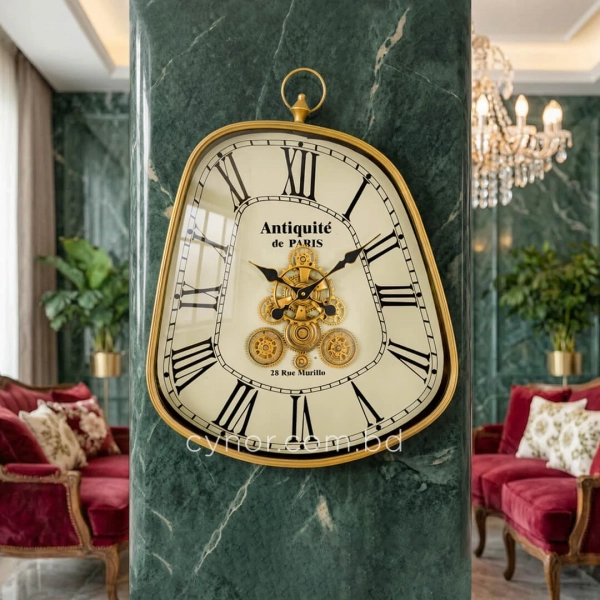 WC783-Grand French Vintage Asymmetrical Rotating Gear Wall Clock with Golden Metal Frame (11)