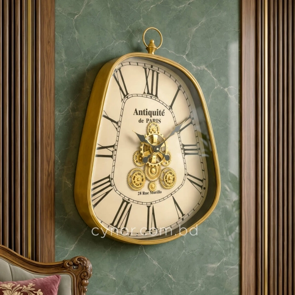 WC783-Grand French Vintage Asymmetrical Rotating Gear Wall Clock with Golden Metal Frame (2)