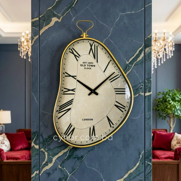 WC784-Vintage Asymmetrical Wall Clock with Golden Metal Frame and Roman Numerals (1)
