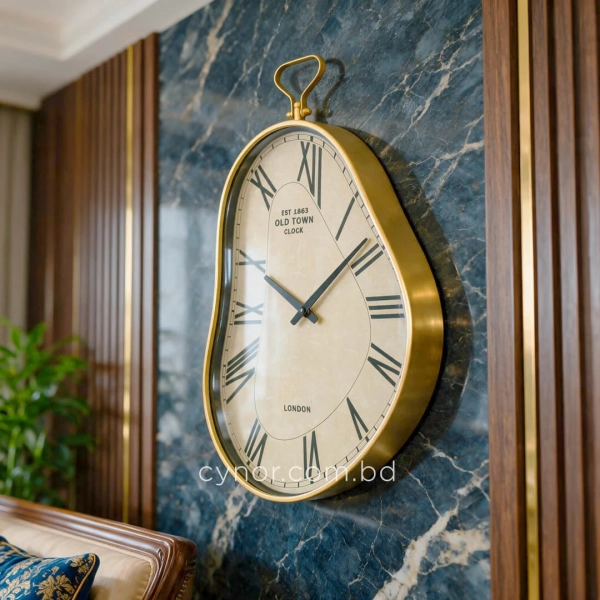 WC784-Vintage Asymmetrical Wall Clock with Golden Metal Frame and Roman Numerals (11)