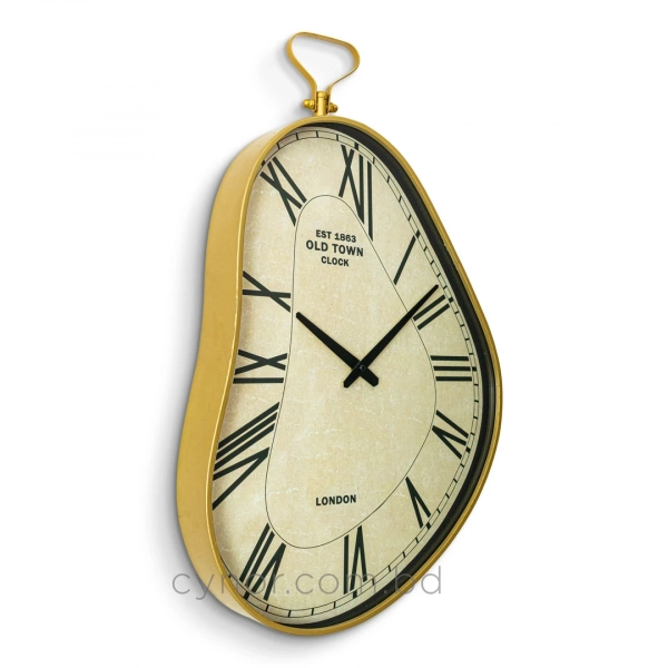 WC784-Vintage Asymmetrical Wall Clock with Golden Metal Frame and Roman Numerals (3)