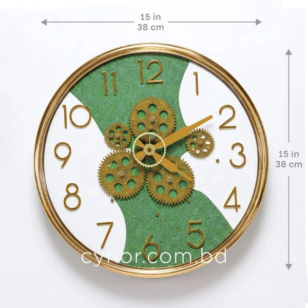 WC785-Modern Industrial Steampunk Gear Wall Clock Textured Green White Gold Frame (2)