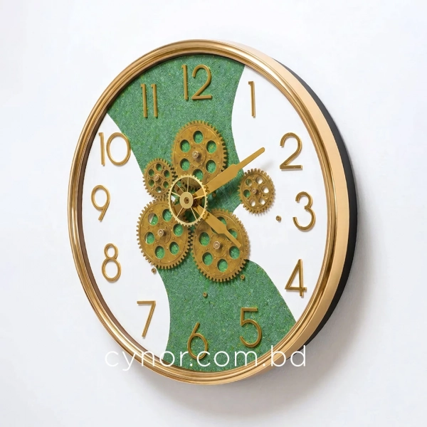 WC785-Modern Industrial Steampunk Gear Wall Clock Textured Green White Gold Frame (3)
