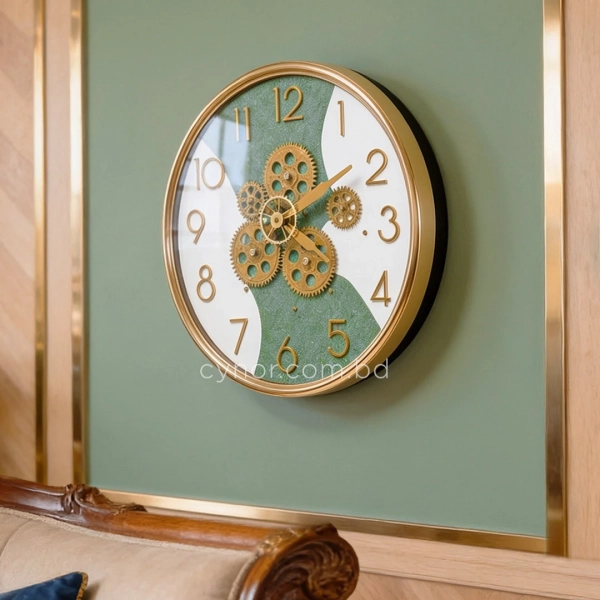 WC785-Modern Industrial Steampunk Gear Wall Clock Textured Green White Gold Frame (4)