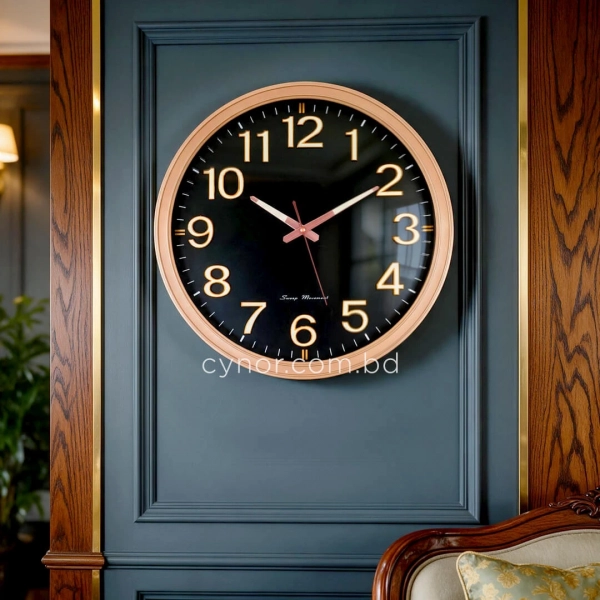 WC791-Classic Elegant Golden Frame Black Dial Rose-Gold Hands Radium Numerals Wall Clock (1)