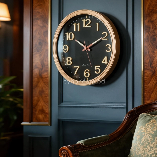 WC791-Classic Elegant Golden Frame Black Dial Rose-Gold Hands Radium Numerals Wall Clock (2)