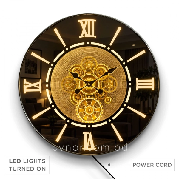 WC792-Luxury LED Rotating Gear Wall Clock with Champagne Metal Frame and Mirrored Roman Numeral Glass Dial (12)