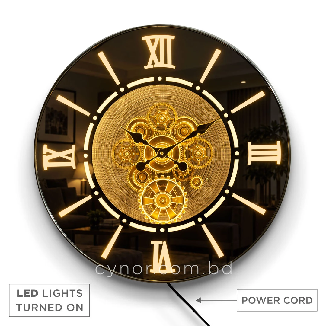 WC792-Luxury LED Rotating Gear Wall Clock with Champagne Metal Frame and Mirrored Roman Numeral Glass Dial (12) WC792-Luxury LED Rotating Gear Wall Clock with Champagne Metal Frame and Mirrored Roman Numeral Glass Dial (12)