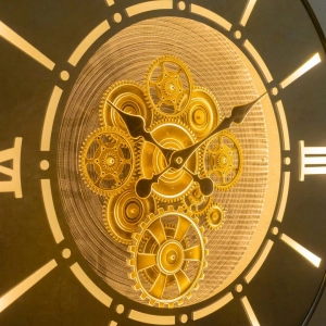 WC792-Luxury LED Rotating Gear Wall Clock with Champagne Metal Frame and Mirrored Roman Numeral Glass Dial (14)