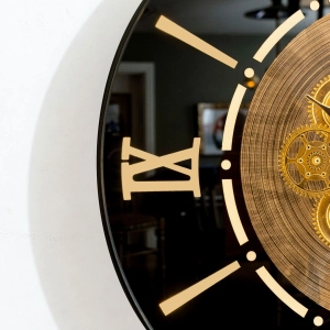 WC792-Luxury LED Rotating Gear Wall Clock with Champagne Metal Frame and Mirrored Roman Numeral Glass Dial (15)