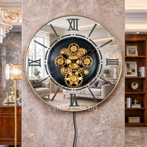 WC792-Luxury LED Rotating Gear Wall Clock with Champagne Metal Frame and Mirrored Roman Numeral Glass Dial (2)