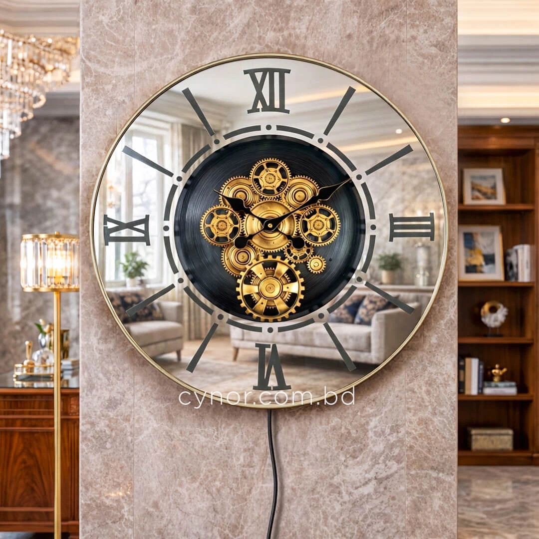 WC792-Luxury LED Rotating Gear Wall Clock with Champagne Metal Frame and Mirrored Roman Numeral Glass Dial (2) WC792-Luxury LED Rotating Gear Wall Clock with Champagne Metal Frame and Mirrored Roman Numeral Glass Dial (2)
