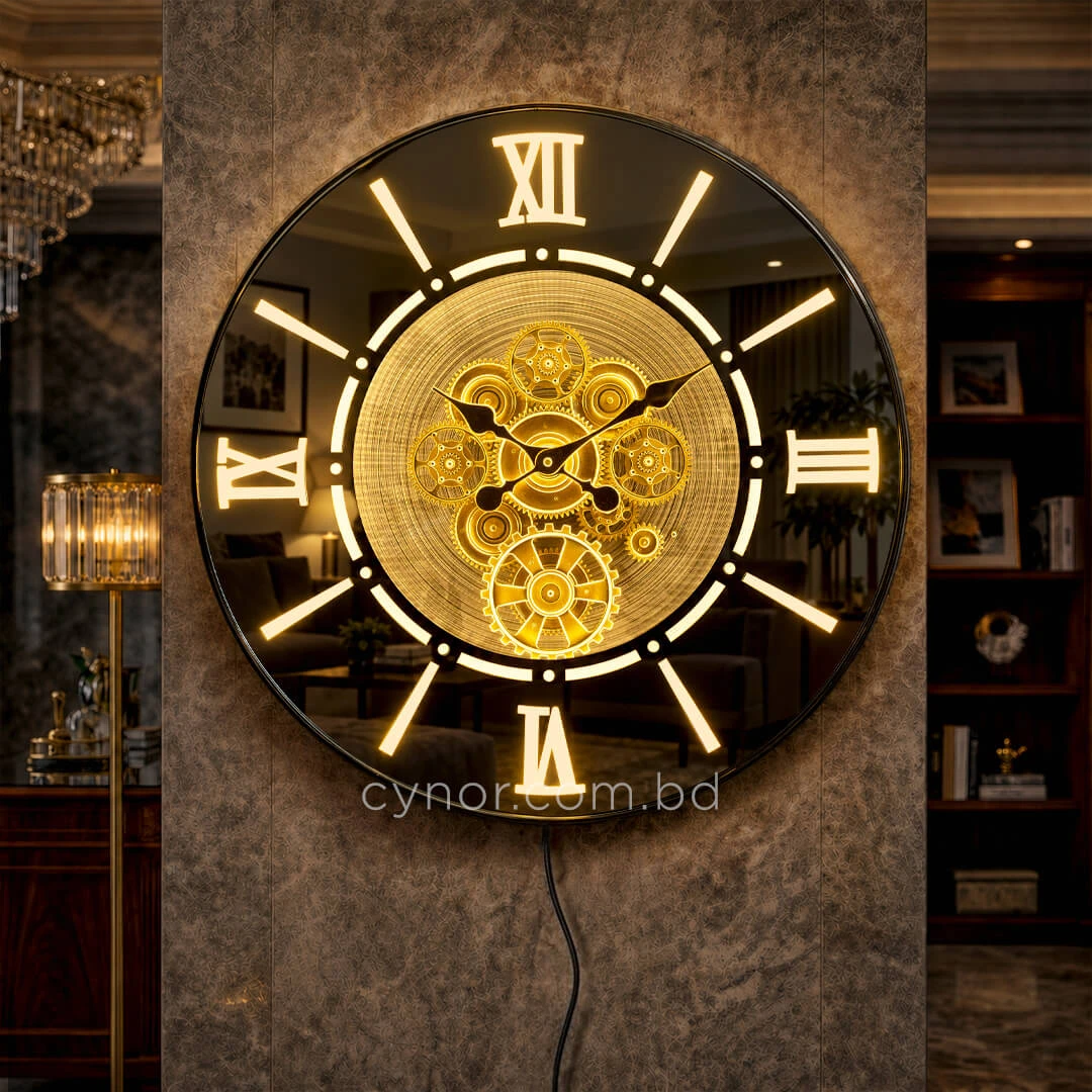 WC792-Luxury LED Rotating Gear Wall Clock with Champagne Metal Frame and Mirrored Roman Numeral Glass Dial (3) WC792-Luxury LED Rotating Gear Wall Clock with Champagne Metal Frame and Mirrored Roman Numeral Glass Dial (3)