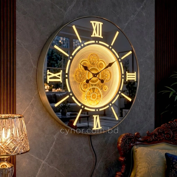 WC792-Luxury LED Rotating Gear Wall Clock with Champagne Metal Frame and Mirrored Roman Numeral Glass Dial (4)