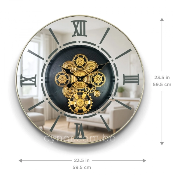 WC792-Luxury LED Rotating Gear Wall Clock with Champagne Metal Frame and Mirrored Roman Numeral Glass Dial (5)