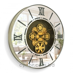 WC792-Luxury LED Rotating Gear Wall Clock with Champagne Metal Frame and Mirrored Roman Numeral Glass Dial (6)