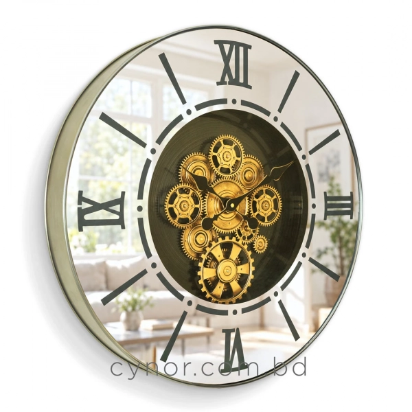 WC792-Luxury LED Rotating Gear Wall Clock with Champagne Metal Frame and Mirrored Roman Numeral Glass Dial (6)