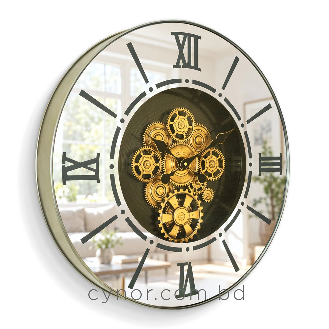 WC792-Luxury LED Rotating Gear Wall Clock with Champagne Metal Frame and Mirrored Roman Numeral Glass Dial (6) WC792-Luxury LED Rotating Gear Wall Clock with Champagne Metal Frame and Mirrored Roman Numeral Glass Dial (6)