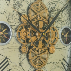 WC793-Luxury Antique Style World Time Mechanical Gear Wall Clock with Metal Frame and Four Time Zone Dial (11)