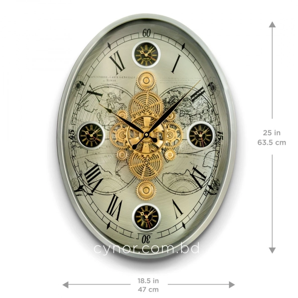 WC793-Luxury Antique Style World Time Mechanical Gear Wall Clock with Metal Frame and Four Time Zone Dial (4)