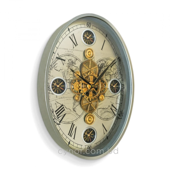 WC793-Luxury Antique Style World Time Mechanical Gear Wall Clock with Metal Frame and Four Time Zone Dial (5)