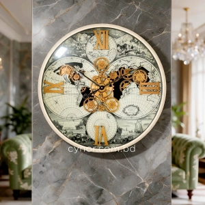WC794-Luxury Antique Style World Map Rotating Mechanical Gear Wall Clock with Metal Frame Glass Dial (10)