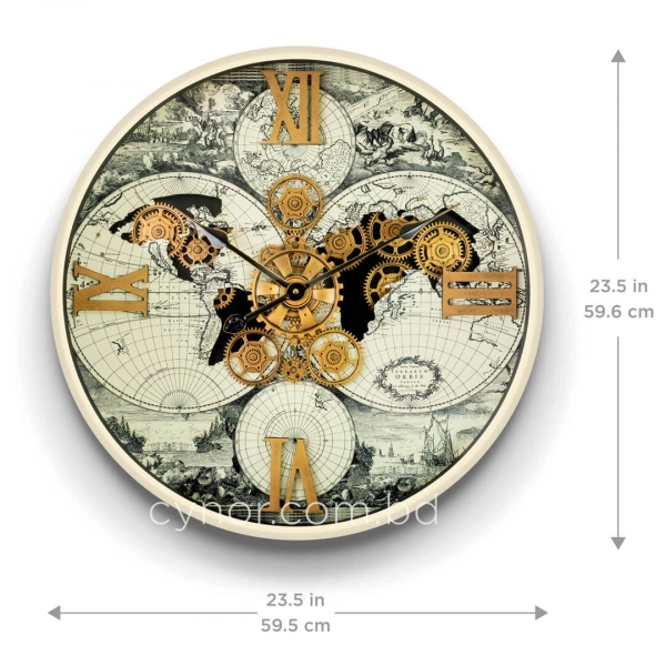 WC794-Luxury Antique Style World Map Rotating Mechanical Gear Wall Clock with Metal Frame Glass Dial (3)