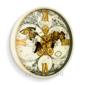 WC794-Luxury Antique Style World Map Rotating Mechanical Gear Wall Clock with Metal Frame Glass Dial (4)