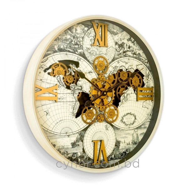 WC794-Luxury Antique Style World Map Rotating Mechanical Gear Wall Clock with Metal Frame Glass Dial (4)
