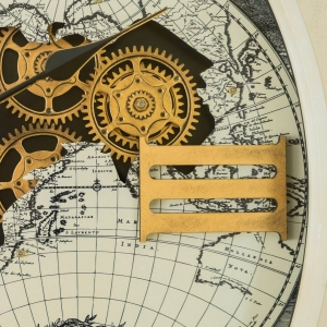 WC794-Luxury Antique Style World Map Rotating Mechanical Gear Wall Clock with Metal Frame Glass Dial (5)