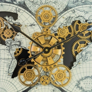 WC794-Luxury Antique Style World Map Rotating Mechanical Gear Wall Clock with Metal Frame Glass Dial (7)