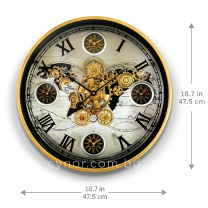 WC795-Luxury Antique Style World Map Multi Time zone Mechanical Gear Wall Clock with Metal Frame Glass Dial (2)