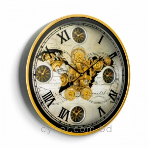 WC795-Luxury Antique Style World Map Multi Time zone Mechanical Gear Wall Clock with Metal Frame Glass Dial (3)