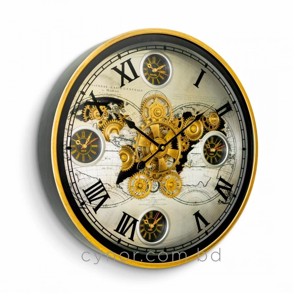 WC795-Luxury Antique Style World Map Multi Time zone Mechanical Gear Wall Clock with Metal Frame Glass Dial (3)