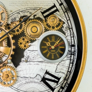 WC795-Luxury Antique Style World Map Multi Time zone Mechanical Gear Wall Clock with Metal Frame Glass Dial (5)