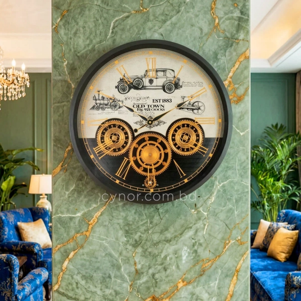 WC797-Luxury Industrial Style Antique Automobile Inspired Mechanical Gear Wall Clock with Metal Frame Glass Dial (3)