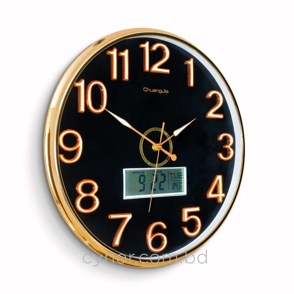 WC800-Executive Wall Clock Golden Fiber Frame with Radium Numerals and Digital Date Month Display (3)