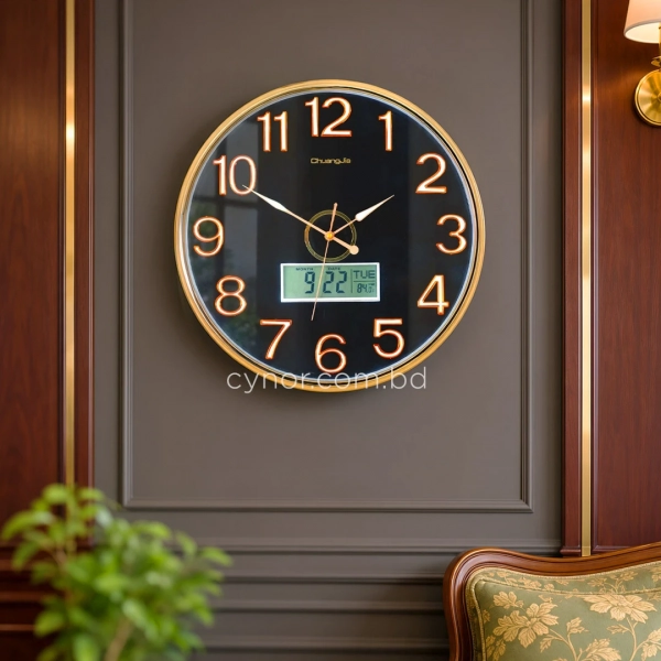 WC800-Executive Wall Clock Golden Fiber Frame with Radium Numerals and Digital Date Month Display (9)