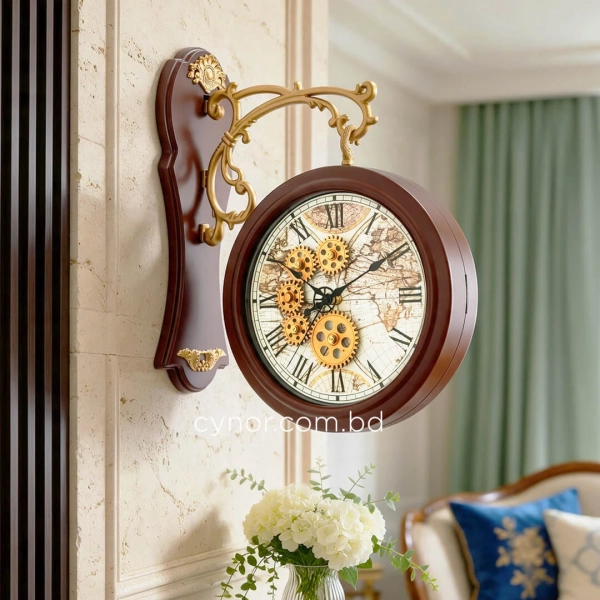 WC801-Double Sided Wall Clock Mahogany Color Fiber Body with Golden Bracket and World Map Gear Dial (2)